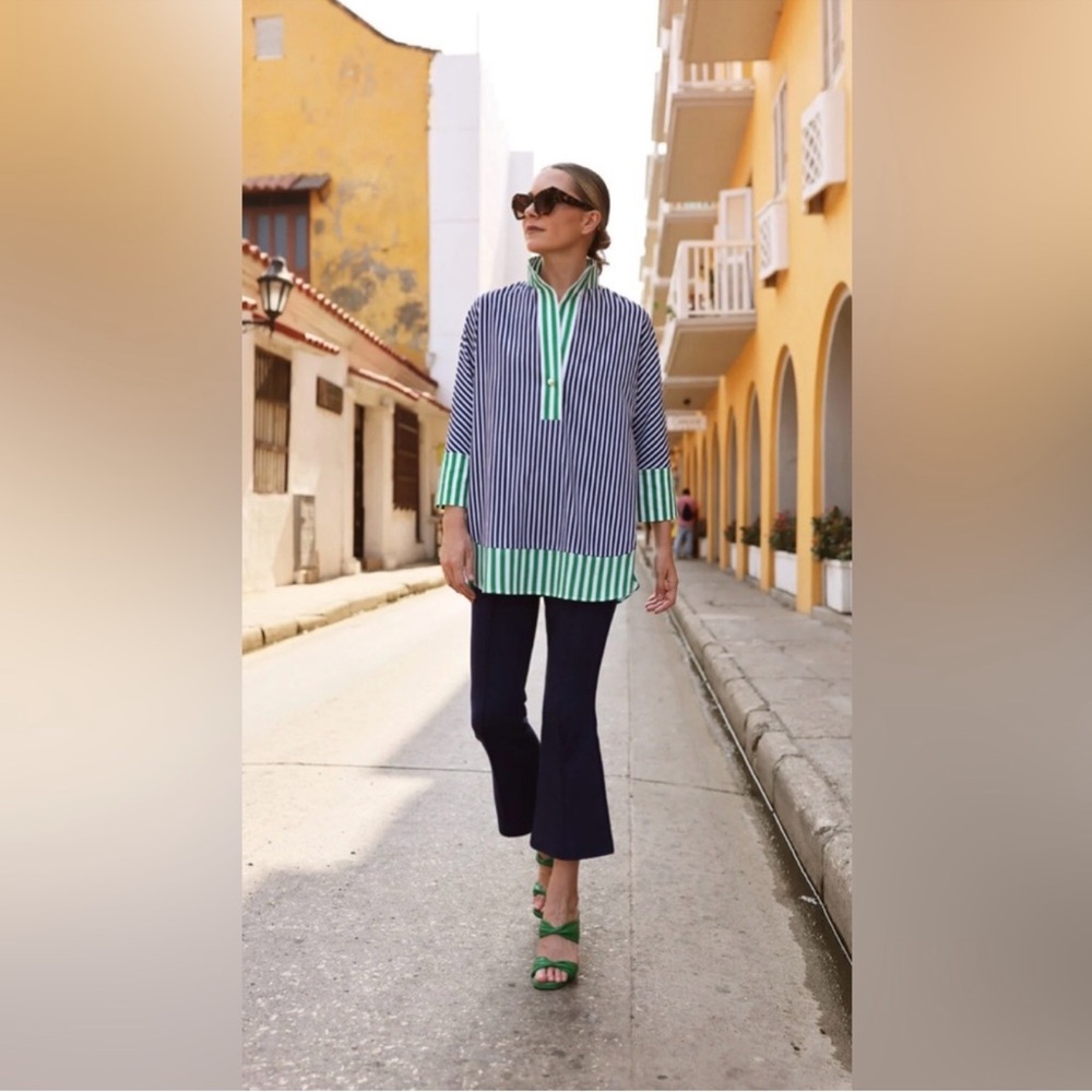 Tuckernuck Navy Stripe Tunic with Green Trim